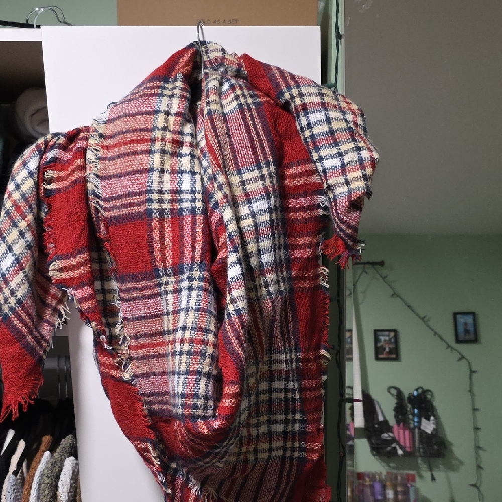 Red Plaid Fringe Blanket Scarf